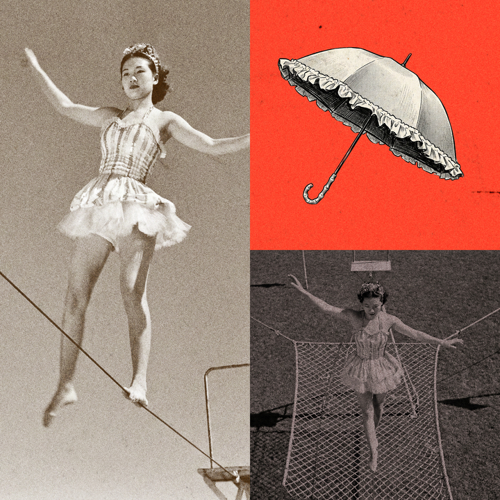 tightrope walker and umbrella in a collage